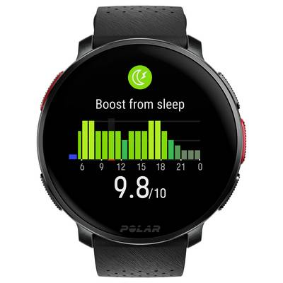 Écran de montre connectée affichant des données de sommeil avec un titre « Boost du sommeil », un graphique à barres des phases de sommeil durant la nuit, et un score de 9,8/10.