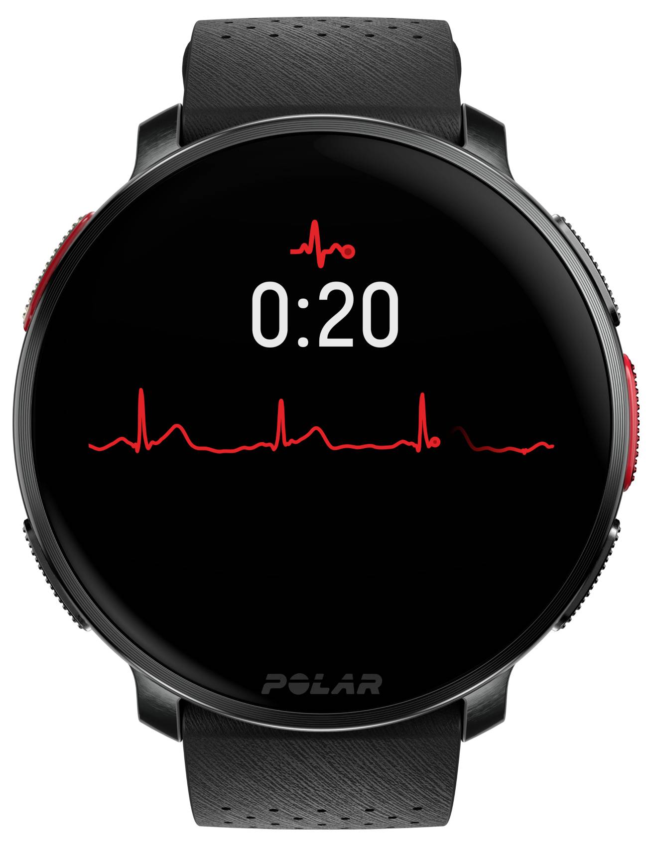 Une montre connectée ronde noire affiche un minuteur de 20 secondes et un graphique de fréquence cardiaque en rouge, indiquant la fonctionnalité de surveillance de la fréquence cardiaque.