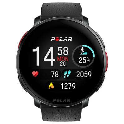Écran de montre connectée affichant l'heure '14:58', date 'Lun 20', fréquence cardiaque '78', pas '2059', calories brûlées '1279', et progression de l'activité '25%'.