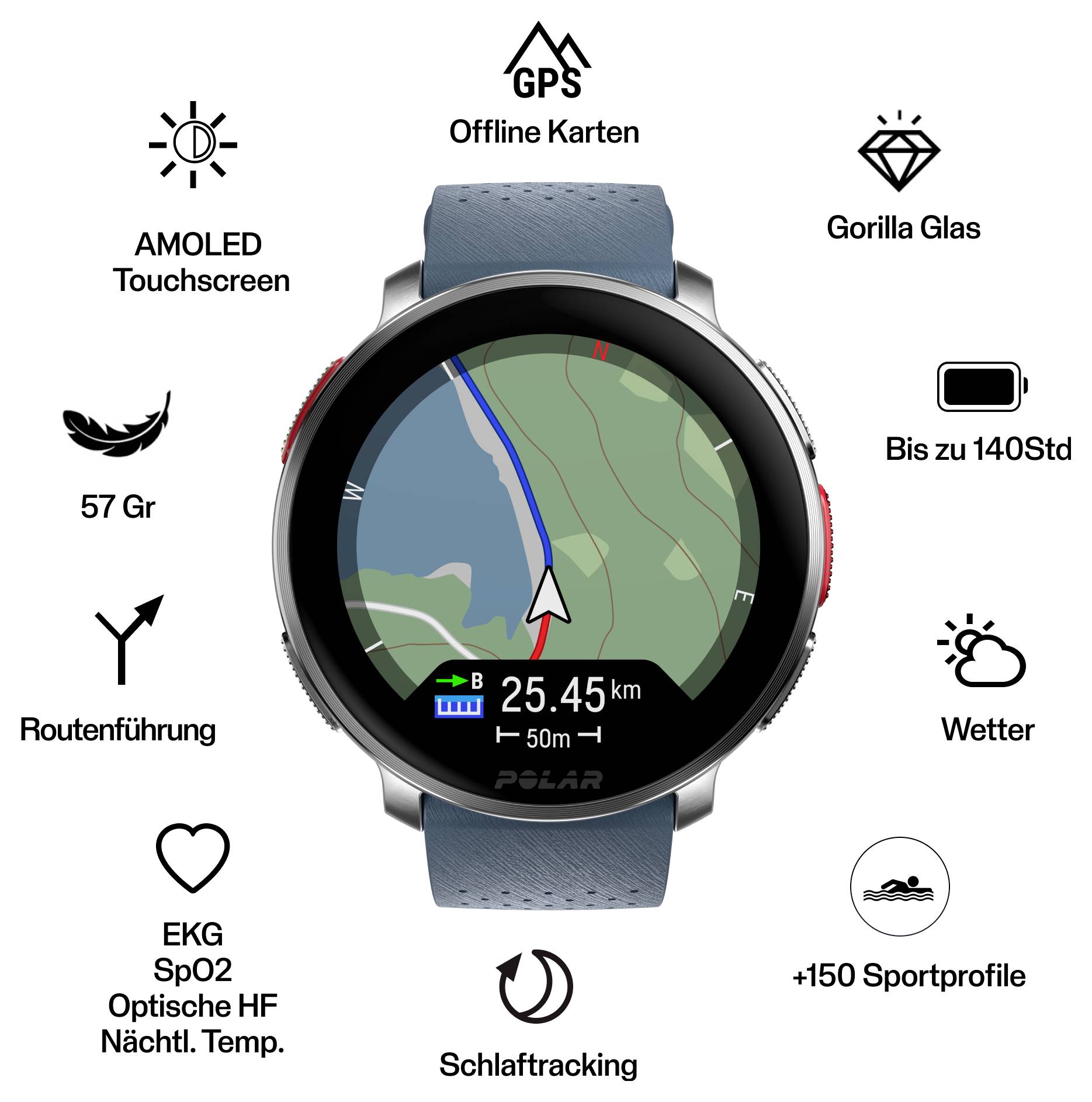 Montre connectée affichant une carte topographique avec un itinéraire, entourée d'icônes mettant en valeur des fonctionnalités telles que le GPS, les cartes hors ligne et le suivi de santé.