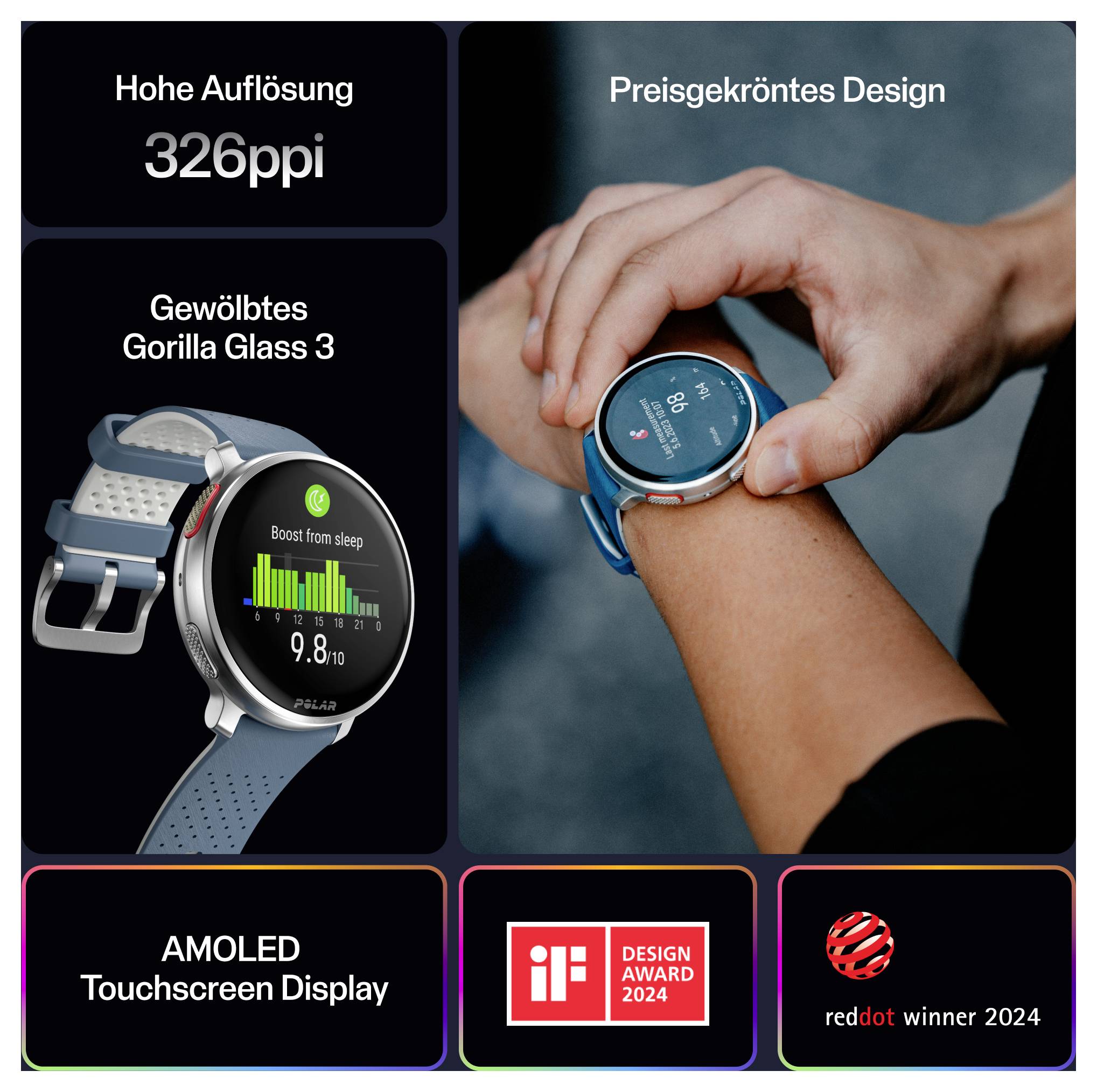 Montre connectée présentant une résolution de 326 ppp, un écran Gorilla Glass 3, un écran tactile AMOLED, et un design primé avec plusieurs distinctions.