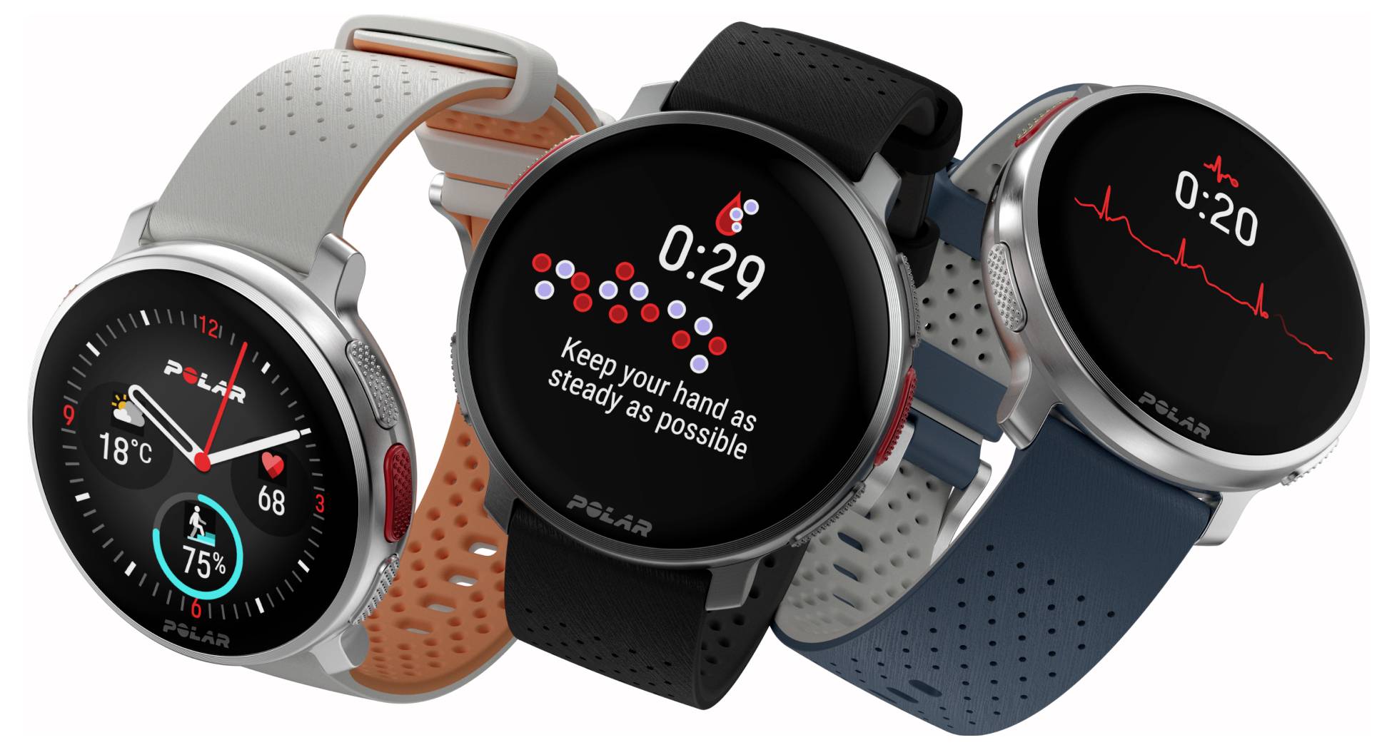 Trois montres connectées avec des designs différents, affichant la fréquence cardiaque, un jeu et un relevé ECG.