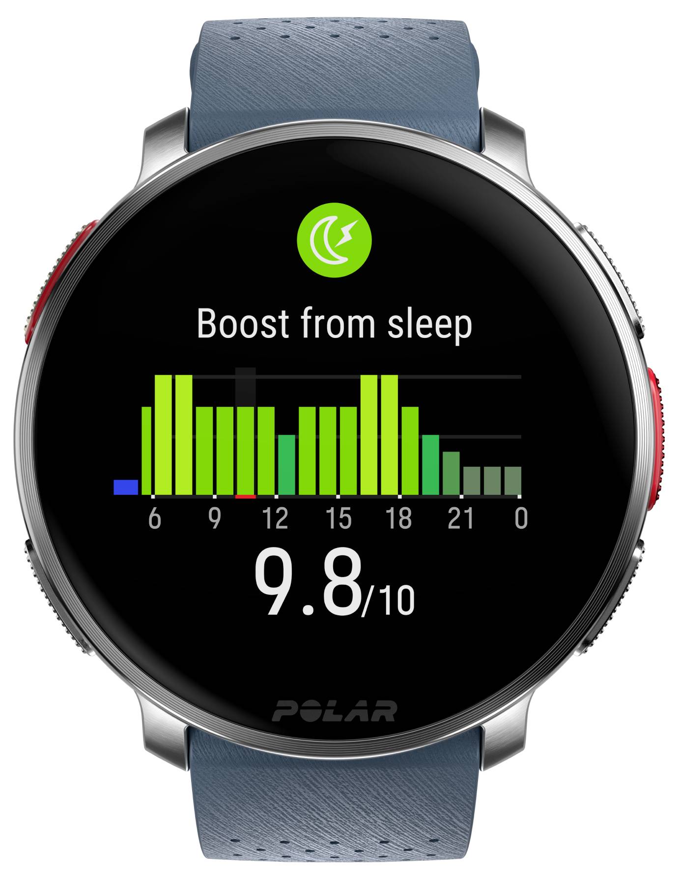 Écran de montre intelligente affichant « Boost from sleep » avec un graphique à barres vert indiquant les scores de qualité de sommeil tout au long de la nuit, score total de 9,8/10.