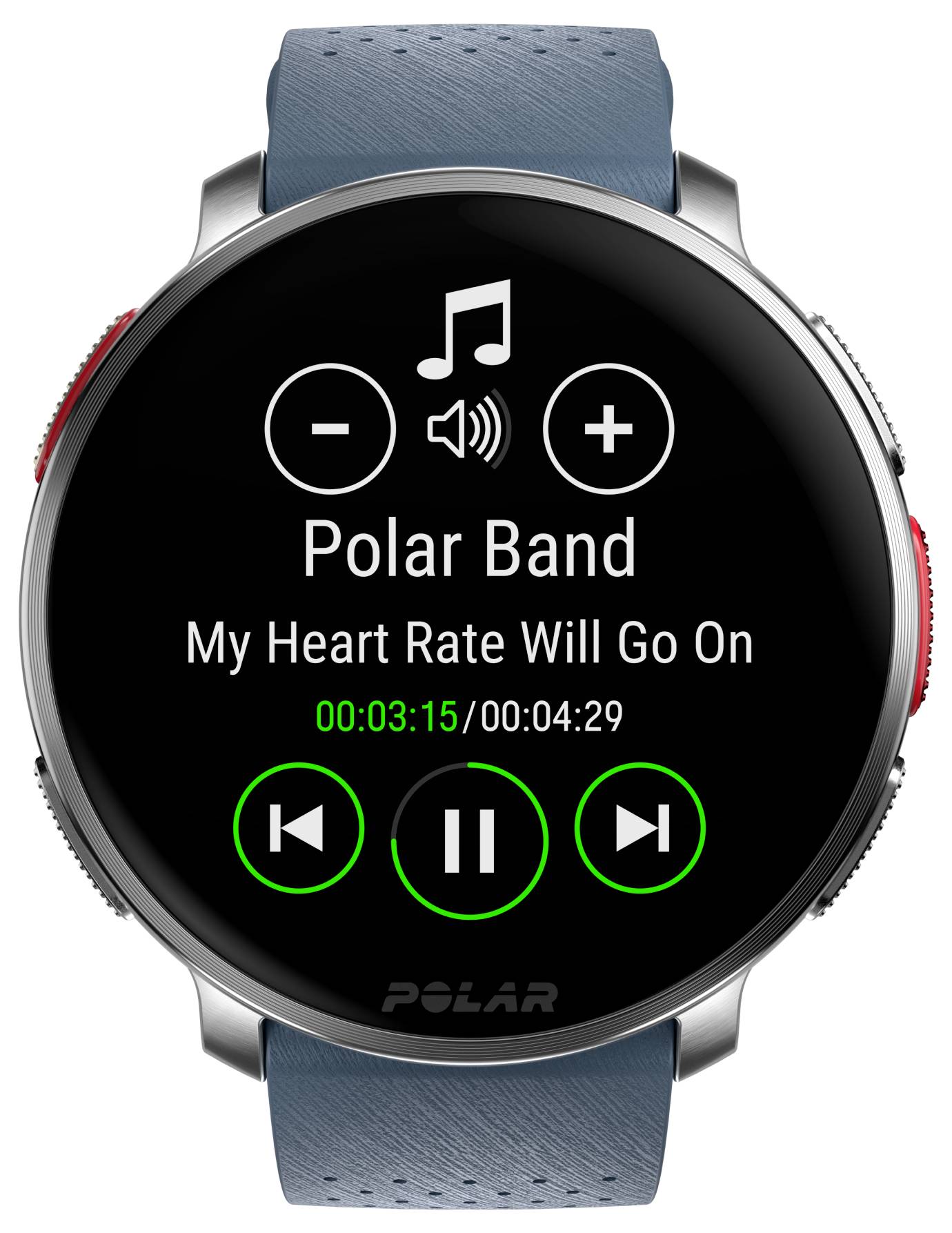 Une montre connectée affichant une interface de lecteur musical avec la chanson 'Polar Band' intitulée 'Mon Rythme Cardiaque Continuera,' temps écoulé 3:15 sur 4:29.