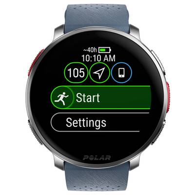 Une montre connectée affichant les options 'Démarrer' et 'Paramètres' sur l'écran, avec une icône de course, l'heure et un indicateur de batterie.