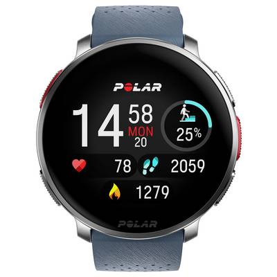 Une montre connectée affichant l'heure '14:58', la date 'Lun 20', le rythme cardiaque '78', les pas '2059' et les calories '1279'. Données de fitness et d'activité présentées.