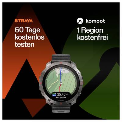 Un écran de montre connectée affiche une carte avec une distance de '25,45 km' et un temps de '7h 45m'. Texte : '60 jours d'essai gratuit' et '1 région gratuite'.