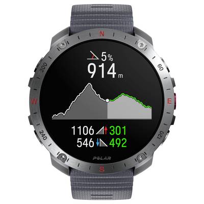 Une montre connectée affiche l'altitude à 914 mètres avec un graphique, montrant des métriques de montée et de descente de 1106 mètres en montée et 546 mètres en descente.