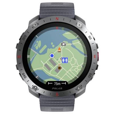 « Montre connectée affichant une carte avec un marqueur de localisation, des symboles de feu et de café, une icône de toilettes et des mesures directionnelles. »