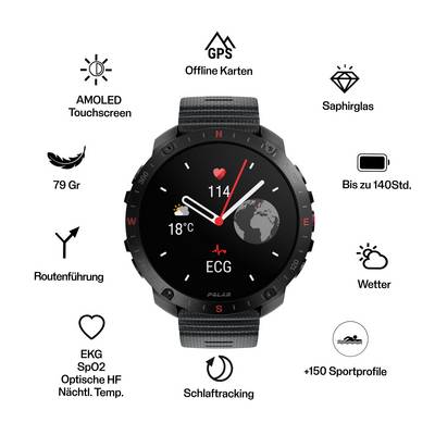 Une montre connectée affichant le rythme cardiaque (« 114 »), la température (« 18 °C ») et les fonctionnalités de suivi du sommeil, entourée d'icônes détaillant des fonctions telles que le GPS, l'écran tactile AMOLED et l'ECG.