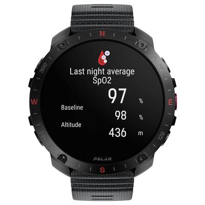 Montre connectée affichant le niveau moyen de SpO2 de la nuit dernière à 97%, la ligne de base à 98%, et l'altitude à 436 mètres.