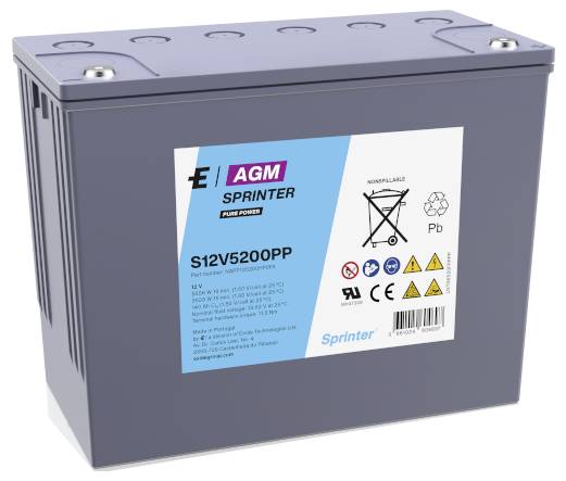 Une batterie AGM étiquetée 'Sprinter S12V5200PP' avec des spécifications de tension et de capacité, des symboles de sécurité et le logo de la marque affichés sur l'avant.