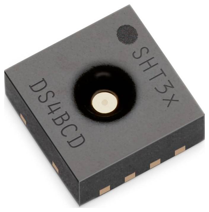 Un petit capteur électronique rectangulaire étiqueté « SHT3X » et « DS4BCD », avec un contact rond doré sur sa surface.