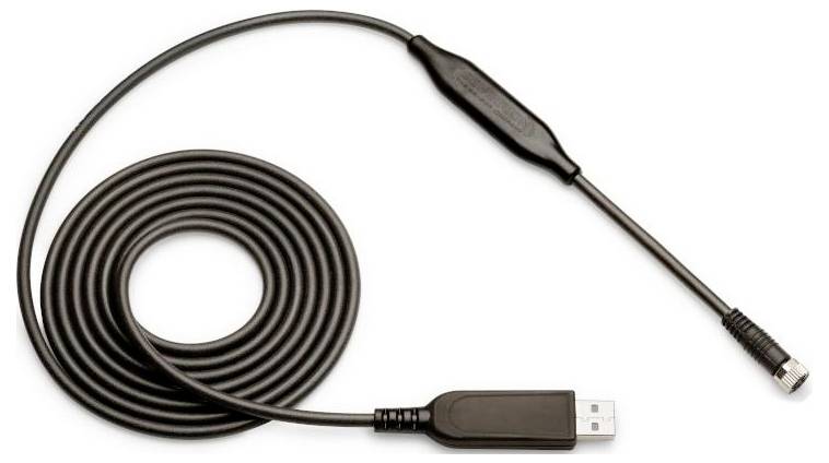 Un câble d'endoscope noir enroulé avec un connecteur USB à une extrémité et une petite caméra à l'autre.
