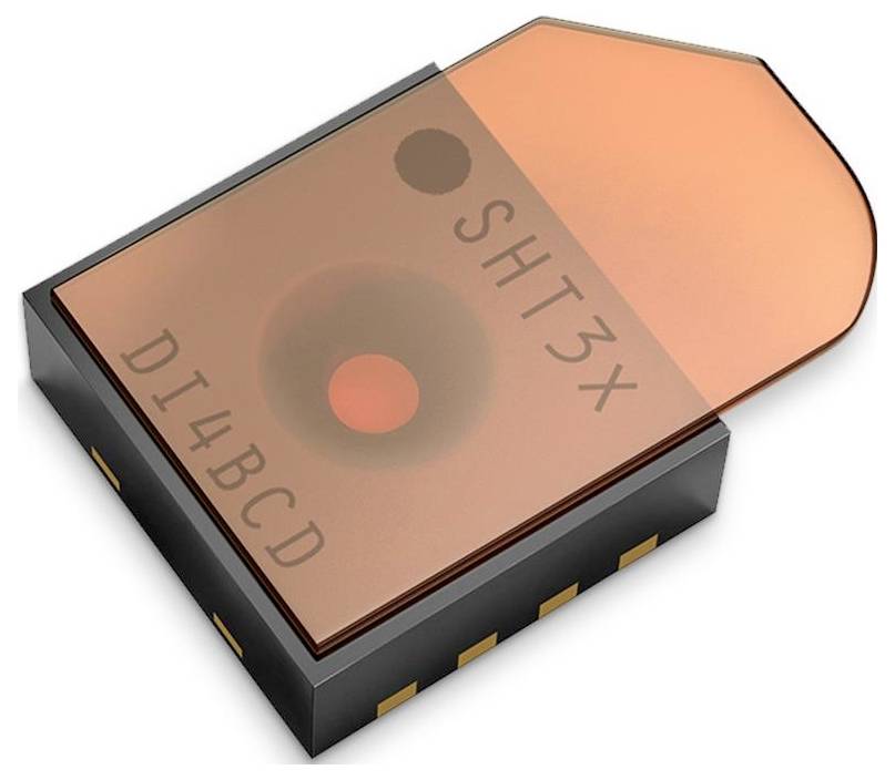 Un capteur électronique avec un couvercle translucide orange, étiqueté « SHT3X » et « DI4BCD », indiquant un modèle ou un type spécifique.