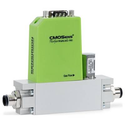 Un capteur de débit gazeux Sensirion vert portant l'inscription « CMOSens Performance Line » sur le dessus, doté de divers connecteurs et d'une base métallique.