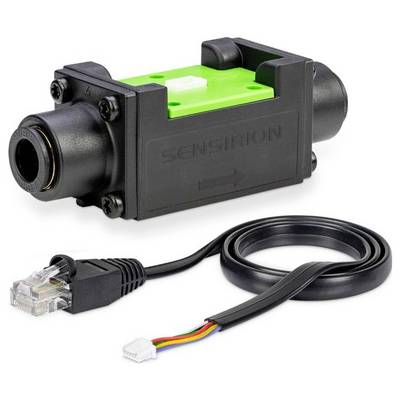 Un capteur de débit électronique noir avec des composants verts, portant la marque « Sensirion », relié à un câble muni d'une prise Ethernet à une extrémité.