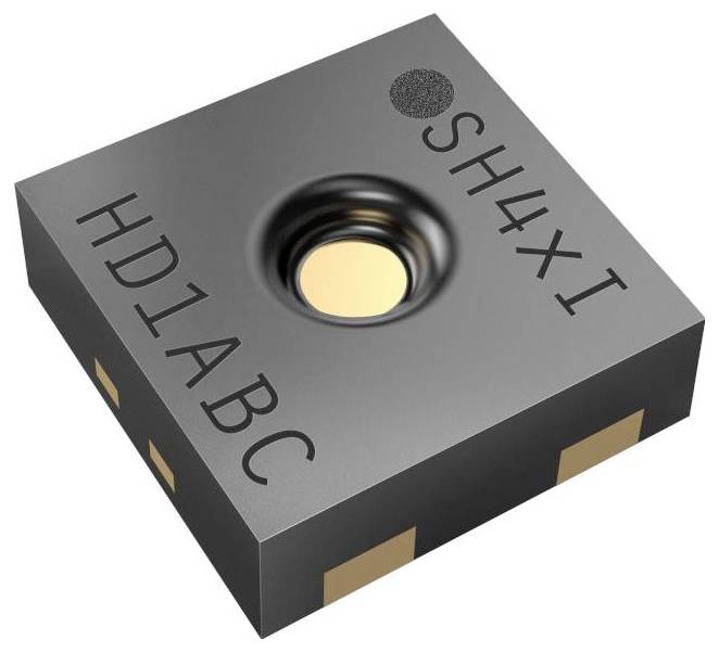 Une puce microélectronique compacte portant les étiquettes « HD1ABC » et « SH4XI », avec un petit composant circulaire au centre, présentant des connecteurs dorés sur les côtés.