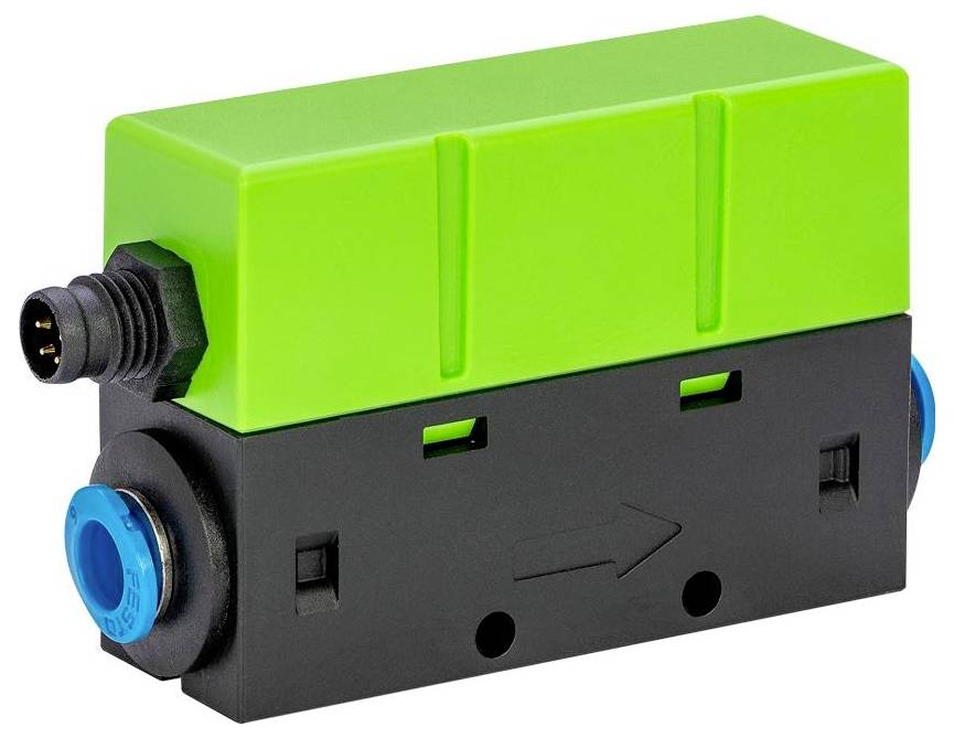 Un composant industriel vert et noir avec des connecteurs bleus et une flèche directionnelle sur le côté, utilisé pour le contrôle du flux de fluides ou d'air.
