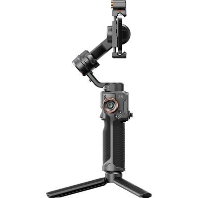 Un stabilisateur de cardan portable noir avec une poignée ergonomique et une base trépied, équipé d'un support pour smartphone, conçu pour un tournage stable.