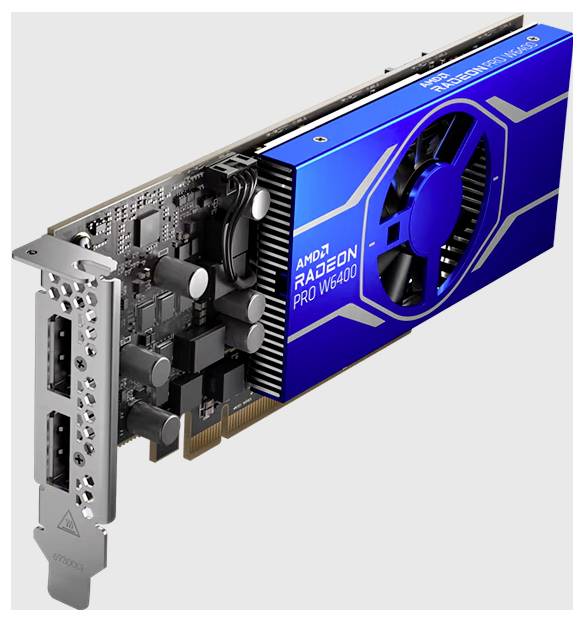 Une carte graphique AMD Radeon Pro W6400 bleue montrant des composants de circuit imprimé et deux ports d'affichage.