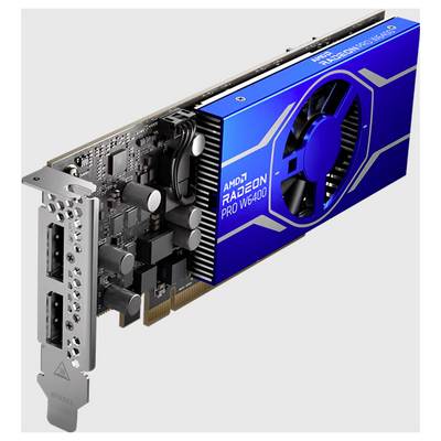 Une carte graphique AMD Radeon Pro W6400 bleue montrant des composants de circuit imprimé et deux ports d'affichage.