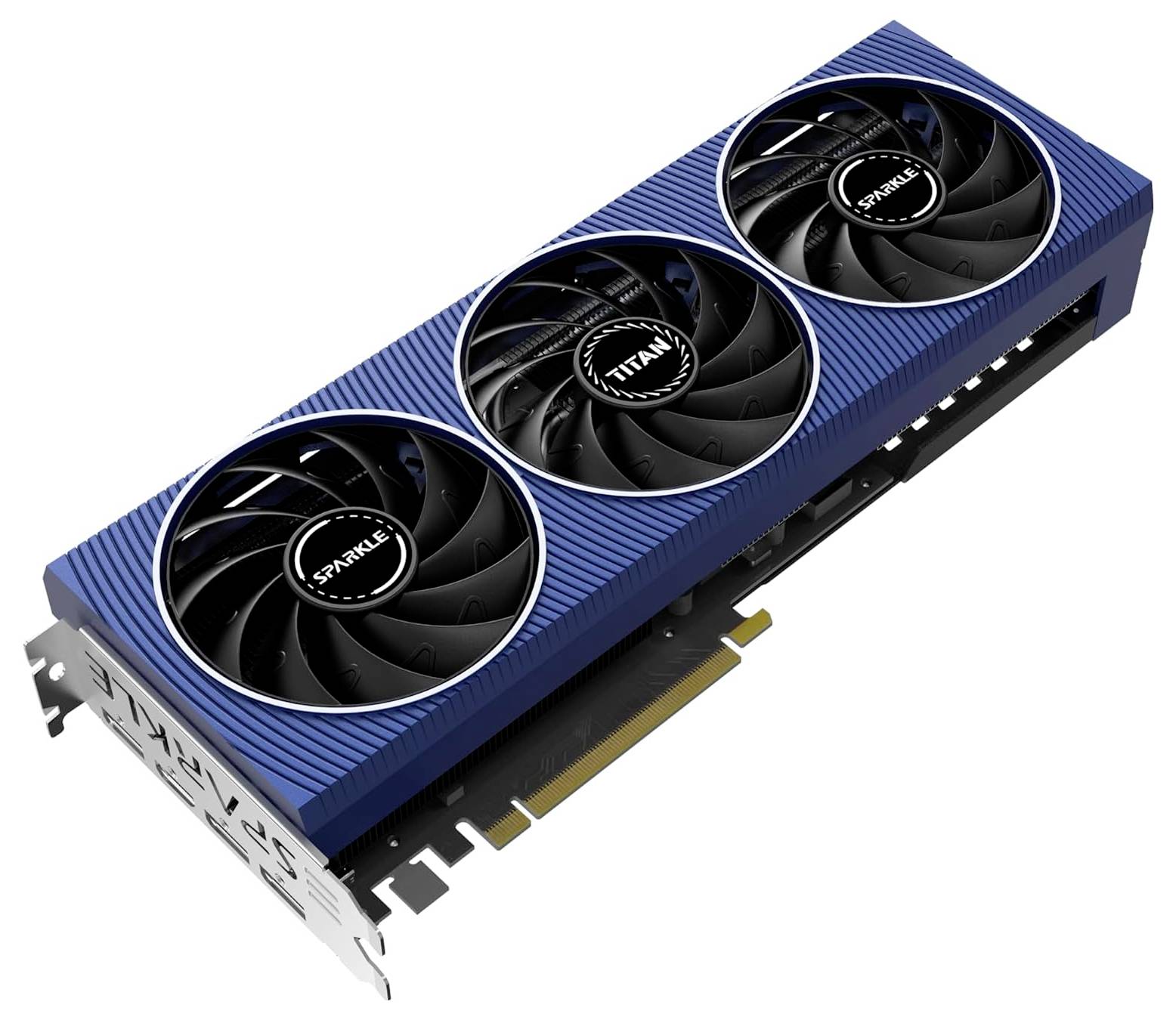 Une carte graphique bleue avec trois ventilateurs de refroidissement étiquetés « Sparkle » et « Titan ».