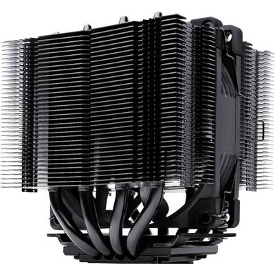 Un dissipateur thermique noir pour processeur, doté de plusieurs ailettes et caloducs, conçu pour une dissipation thermique efficace des processeurs informatiques.