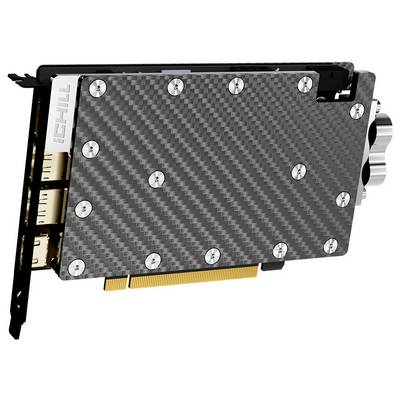 Carte graphique dotée d'un fond en fibre de carbone et de plusieurs vis, présentant un connecteur PCIe et des ports de dissipateur thermique pour le refroidissement.