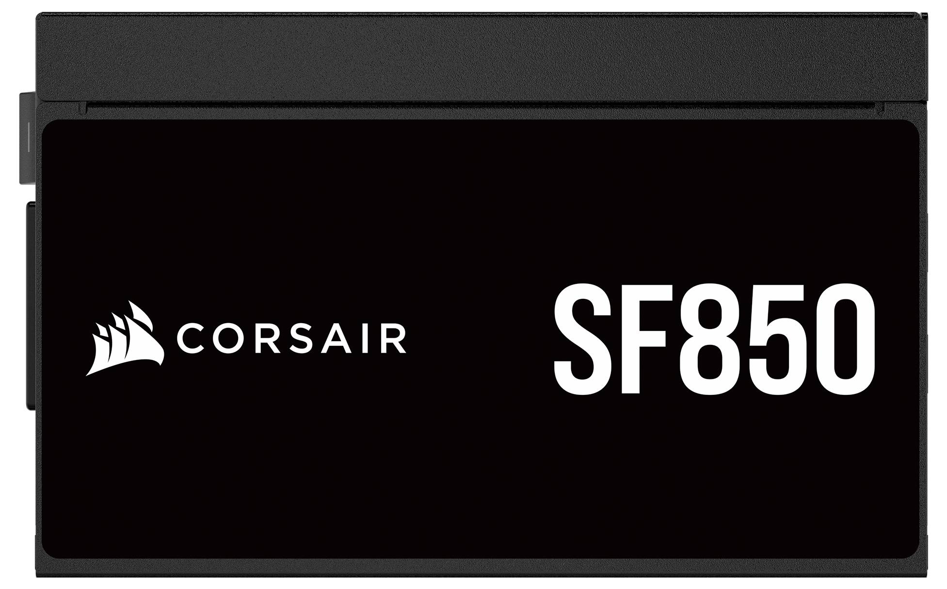 Unité d'alimentation 'Corsair SF850' orientée vers la droite, présentant le logo Corsair et le nom du modèle en blanc sur un fond noir.