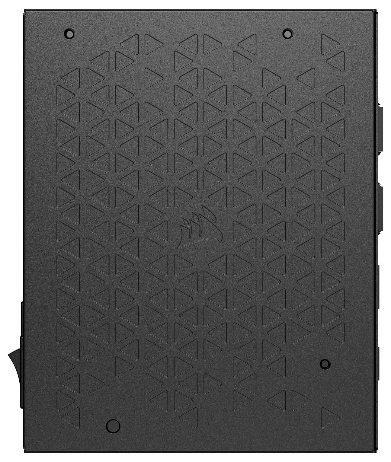 'Panneau de boîtier d'ordinateur noir avec un motif de ventilation triangulaire et le logo Corsair au centre.'