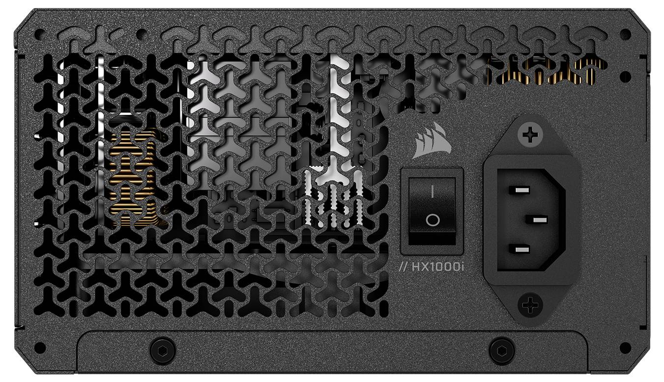 Bloc d'alimentation (PSU) pour ordinateur avec grille de ventilation, interrupteur marche/arrêt et entrée d'alimentation secteur, étiqueté « HX1000i ».