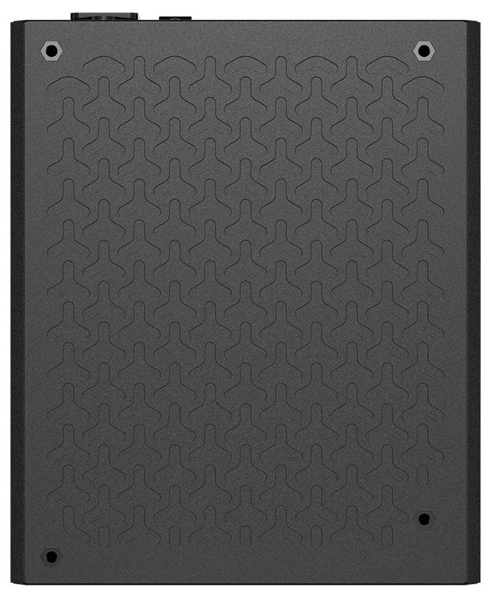 Un étui électronique noir avec un motif géométrique sur la surface, comportant quatre trous de montage, vu de dessus.