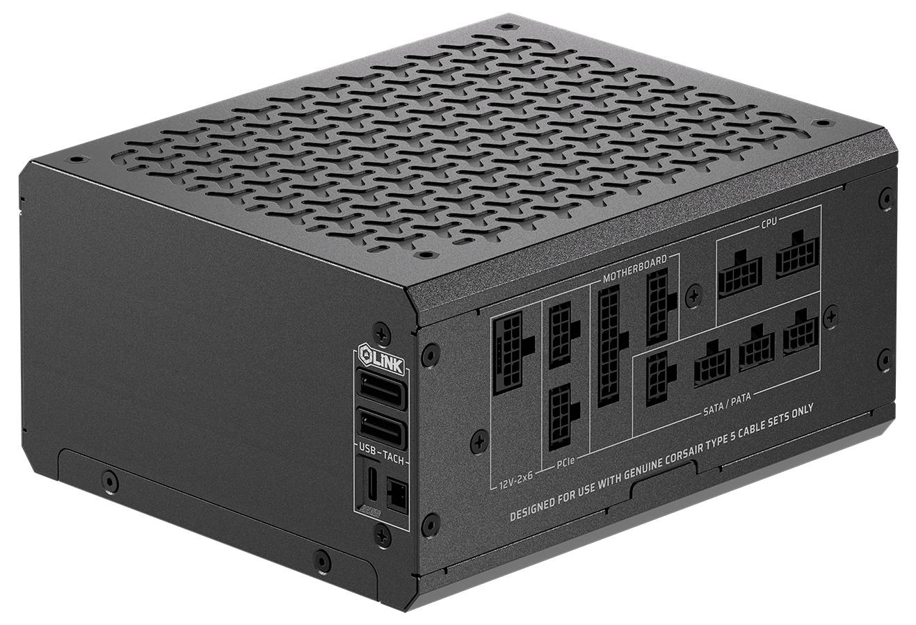 Un bloc d'alimentation noir pour ordinateur avec plusieurs ports étiquetés pour la carte mère, le processeur et les connexions SATA. Des trous de ventilation sur le dessus.