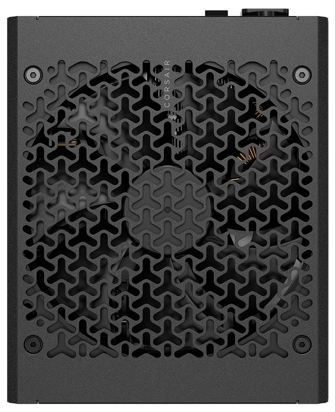 Un bloc d'alimentation informatique noir avec un design de grille ventilée, montrant un ventilateur de refroidissement en dessous.