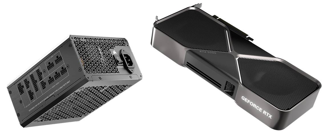 Carte graphique et bloc d'alimentation affichés sur un fond blanc, montrant leurs connecteurs et leurs marques.