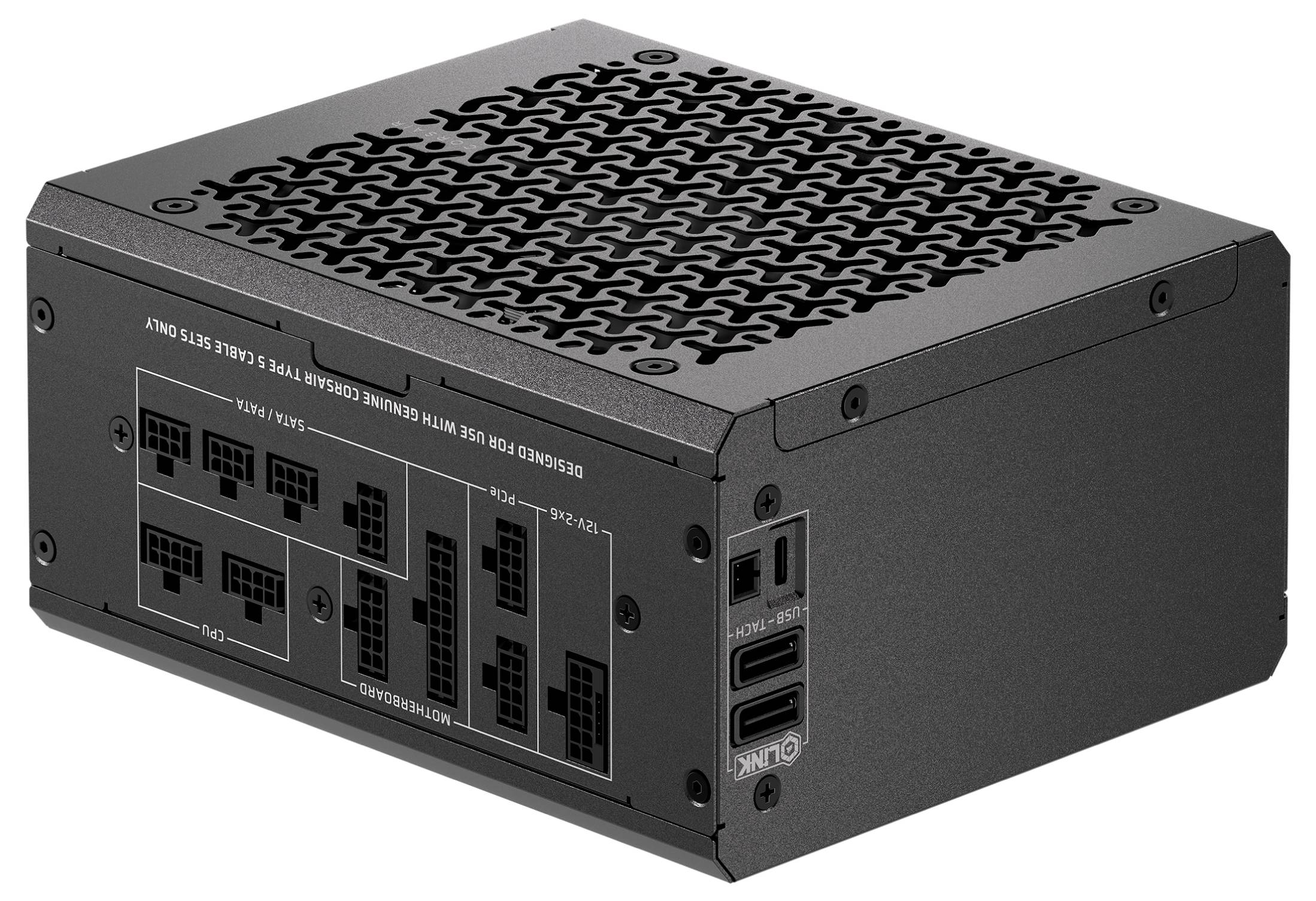Un bloc d'alimentation modulaire pour ordinateur doté de plusieurs ports de connexion et câbles, présentant un boîtier en métal noir et une grille de ventilation sur le dessus.
