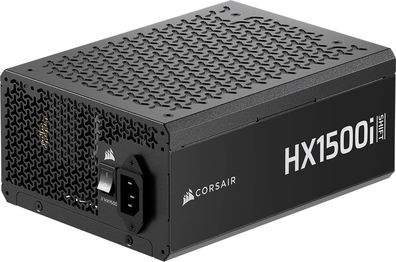 Un bloc d'alimentation Corsair HX1500i Shift noir avec un interrupteur marche/arrêt et un connecteur IEC, présentant un design en maille sur le côté.