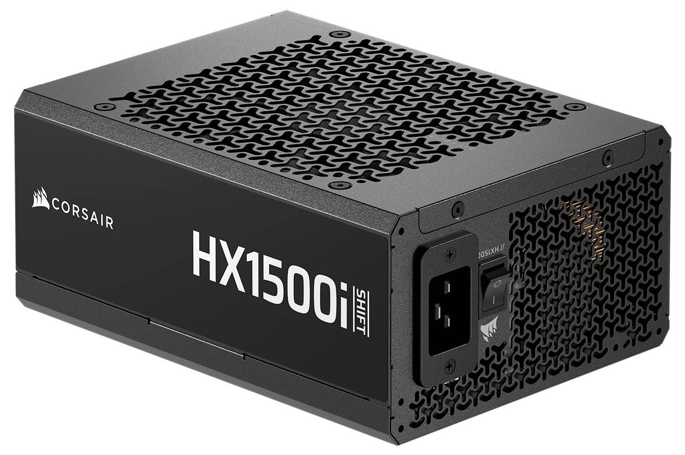 Bloc d'alimentation 'Corsair HX1500i', boîtier noir avec ventilation, étiquette latérale présentant le modèle.