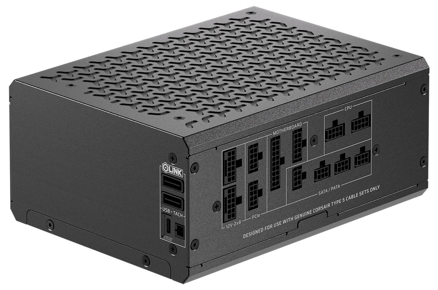 Un bloc d'alimentation informatique noir avec plusieurs ports étiquetés pour les connexions, notamment pour la carte mère, le processeur et les périphériques.