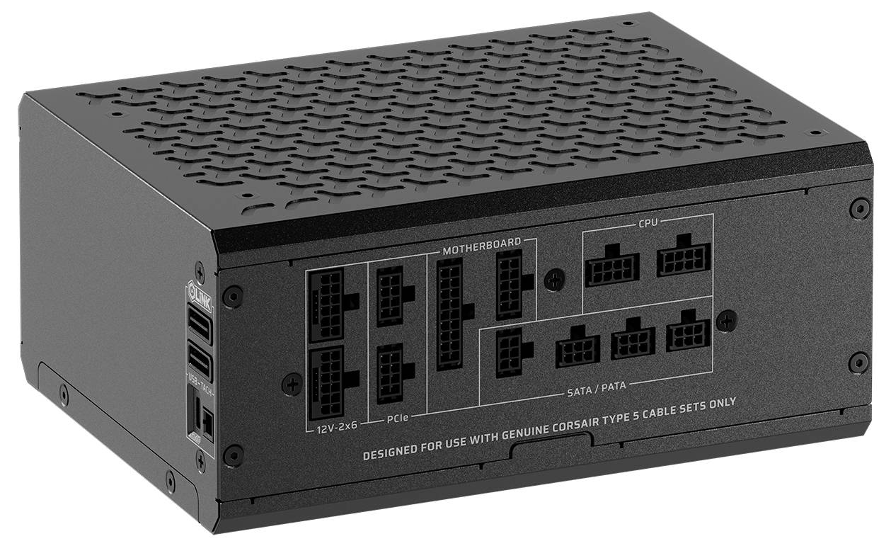 «Bloc d'alimentation noir pour ordinateur avec ports étiquetés pour carte mère, processeur, PCIe, et connexions SATA/PATA, entouré de trous de ventilation.»