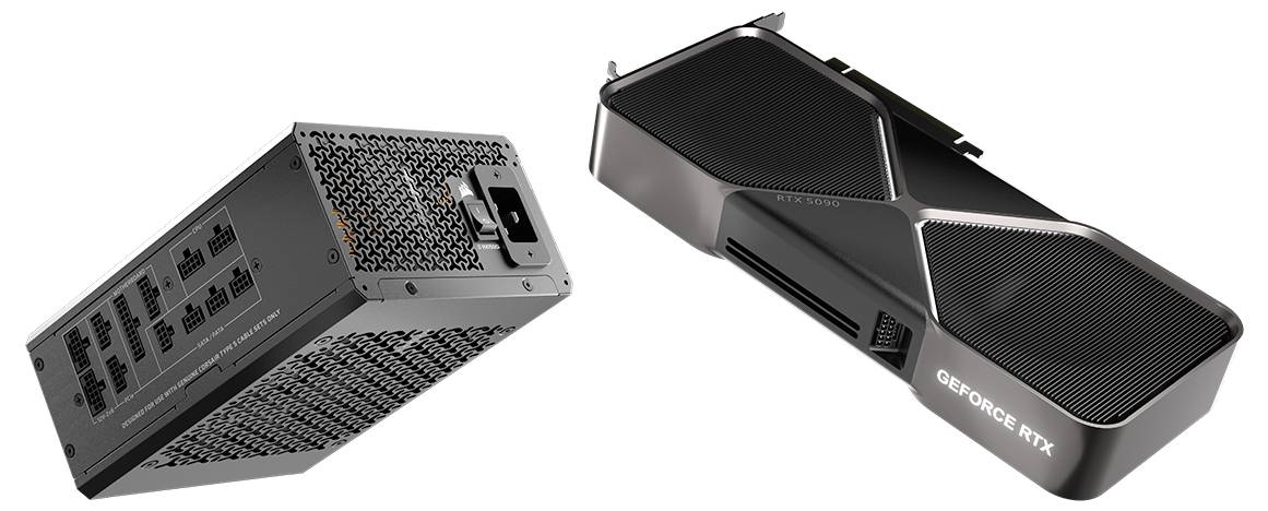 Un bloc d'alimentation pour ordinateur et une carte graphique portant l'étiquette « GeForce RTX » sont disposés côte à côte, indiquant des composants de matériel informatique.