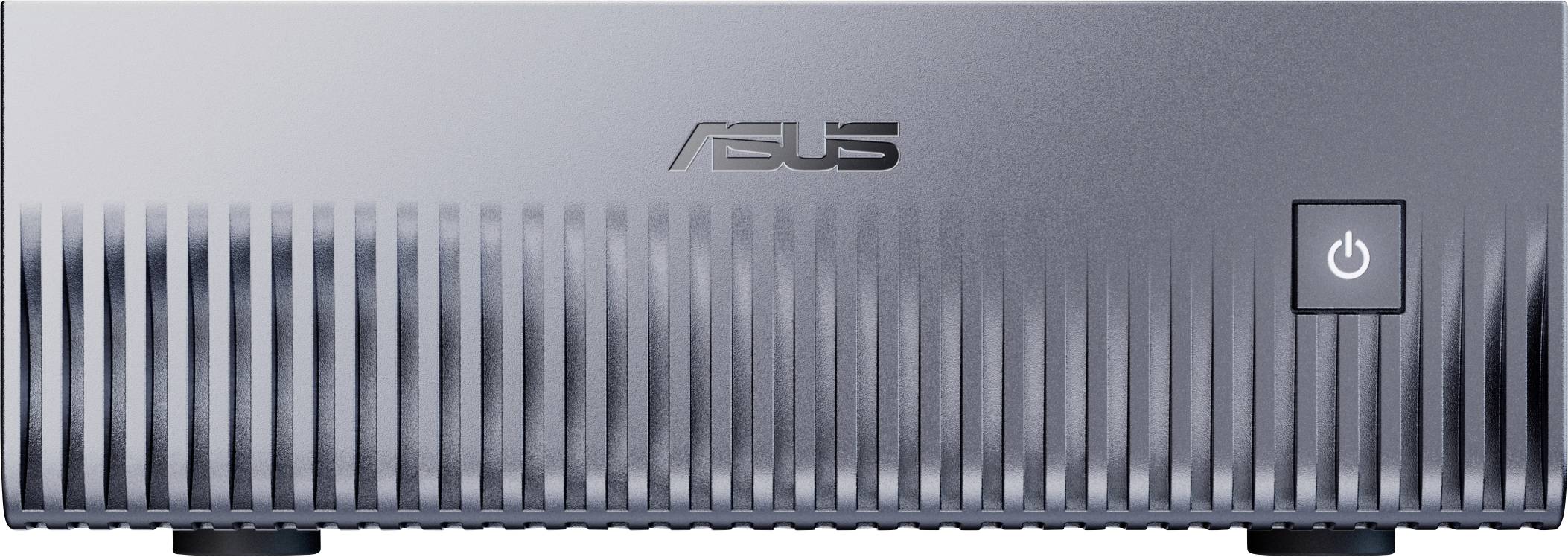 Un ordinateur de bureau compact Asus avec un bouton d'alimentation à l'avant, doté d'un design métallique élégant et strié.