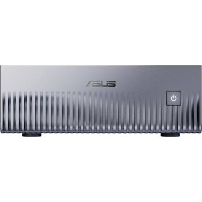 Un ordinateur de bureau compact Asus avec un bouton d'alimentation à l'avant, doté d'un design métallique élégant et strié.