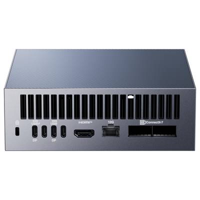 Un module informatique élégant et noir doté de plusieurs ports d'entrée, comprenant des connexions USB, HDMI et Ethernet, soulignant les options de connectivité.