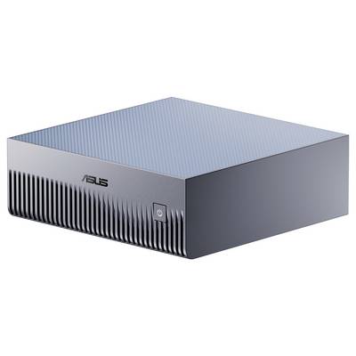 Un mini PC de bureau compact et élégant d'ASUS avec un boîtier brillant et nervuré, doté d'un bouton marche-arrêt sur l'avant, idéal pour les configurations économes en espace.