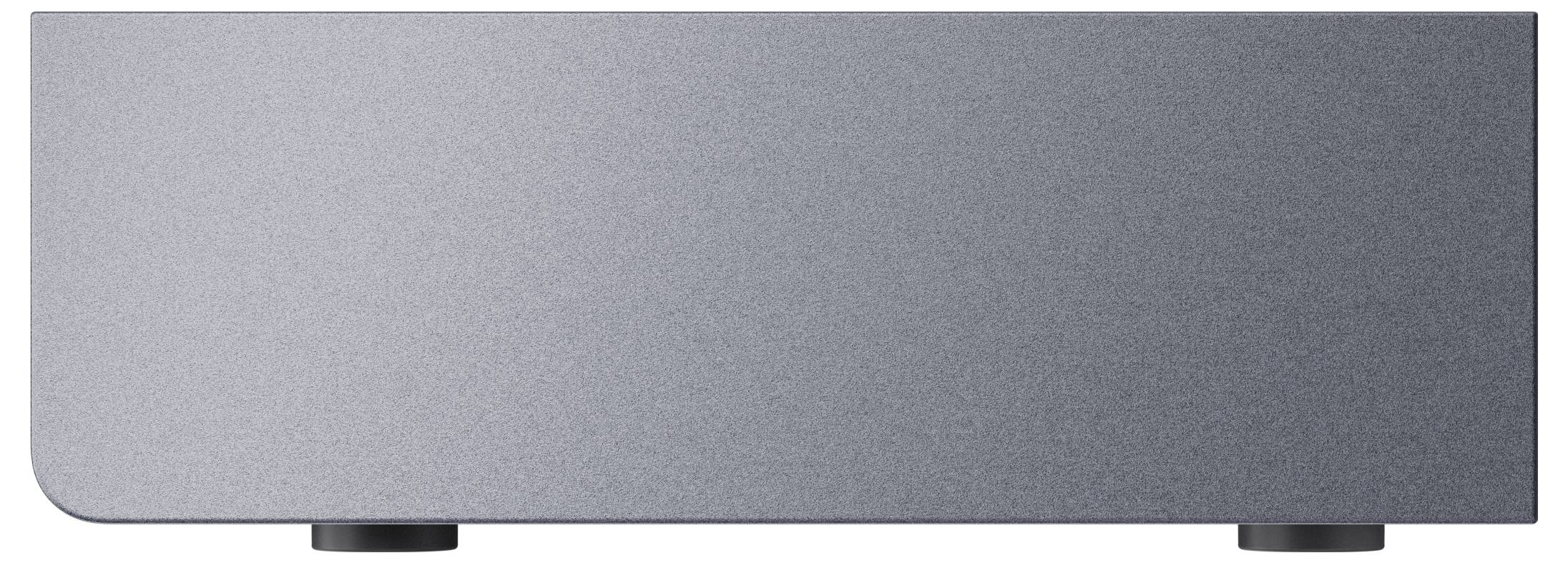 Un boîtier métallique élégant et minimaliste, de couleur argent-gris à surface texturée, reposant sur deux petites pattes rondes, sur un fond blanc.