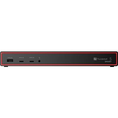 Un appareil électronique noir présente plusieurs ports, dont USB et Thunderbolt 5, avec le texte « Thunderbolt 5 SMART » à l'avant.
