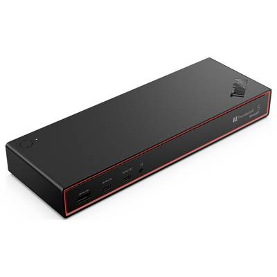 Une station d'accueil rectangulaire noire avec des touches rouges, dotée de plusieurs ports USB et d'options de connectivité, étiquetée « Station d'accueil ThinkPad Thunderbolt 3 Génération 2 ».