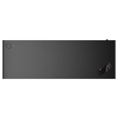 Un couvercle d'ordinateur portable noir élégant portant le logo « ThinkPad » dans le coin inférieur droit, avec un petit bouton circulaire et un voyant lumineux.
